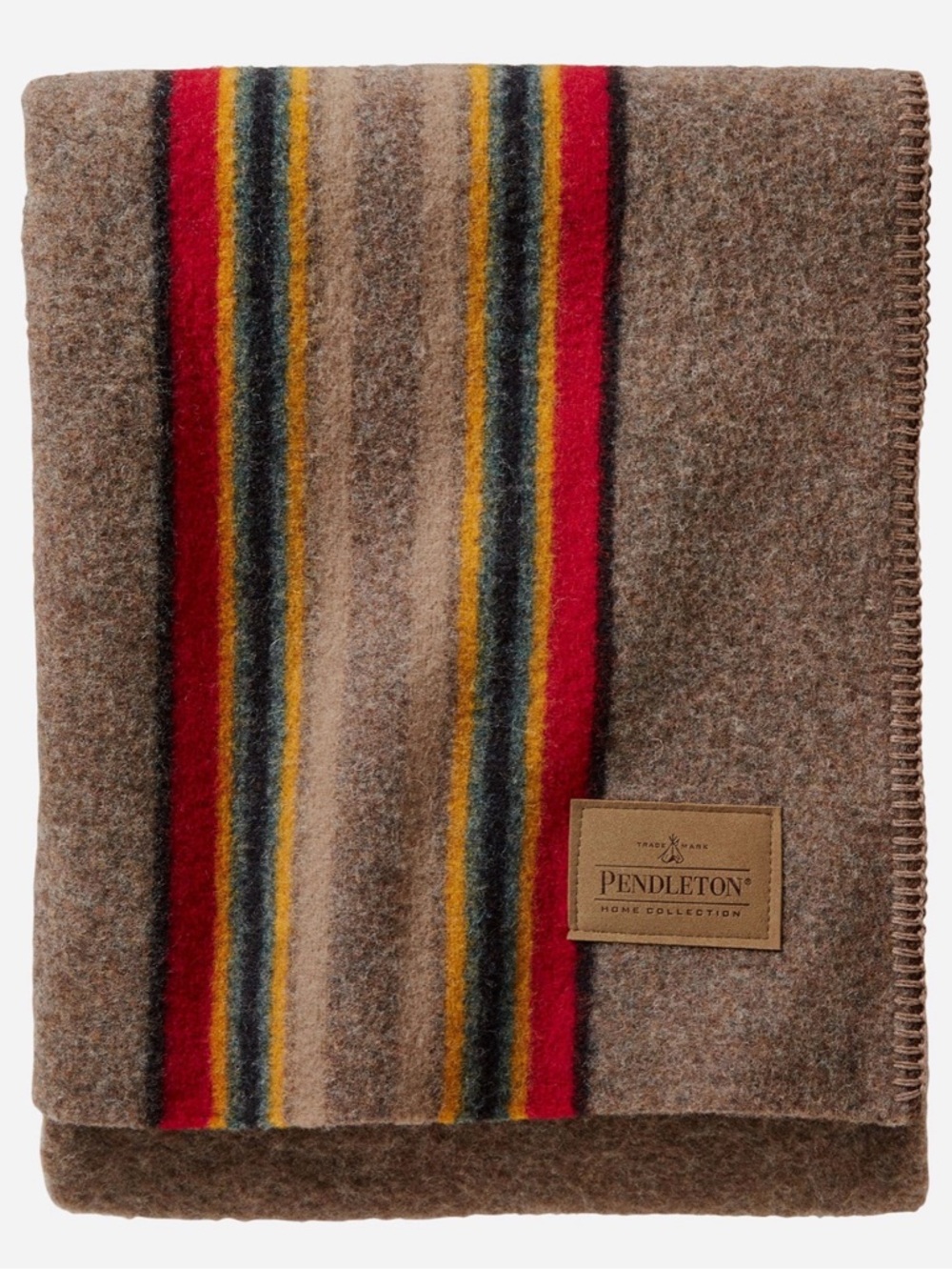 NWT Pendleton Brown Wool Throw Blanket with Red, Yellow & Blue Stripes